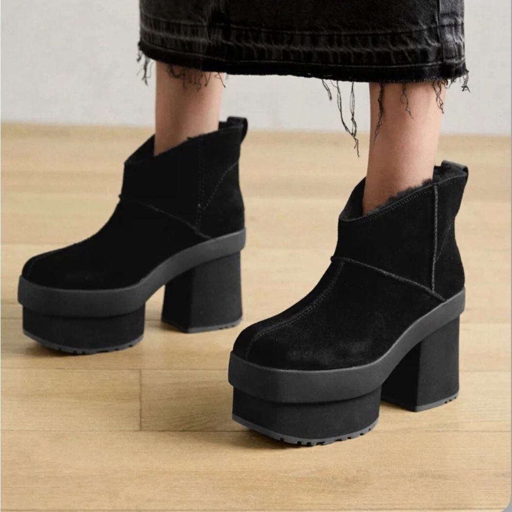 UGG Black Mini New Heights 3” Platform Suede Boots Chunky Block Heel $200